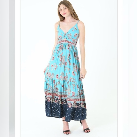 French Peach & Teal Floral Print Twist V-Neck W/Cut Out Maxi Dress by Angie